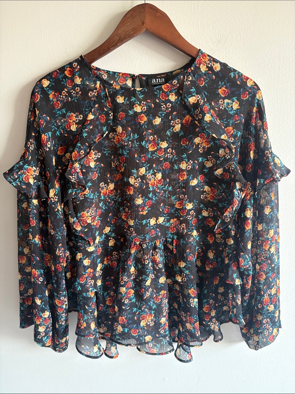 a.n.a Small Floral Ruffle Peplum Blouse Sheer Long Sleeve Fall Boho